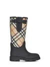 Burberry Woven Check Rain Boots With Adjustable Buckle And Equestrian Design In Black