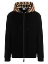 Burberry Cotton Check Pattern Drawstring Hooded Sweater With Front Zip In Black