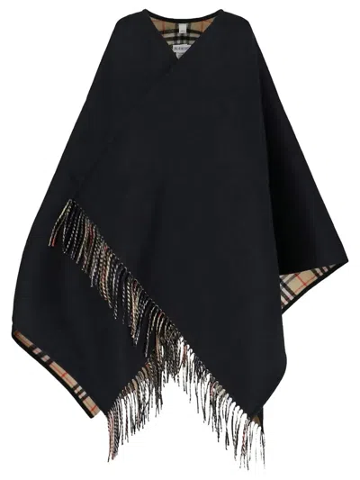 Burberry Reversible Check Wool Cape In Black