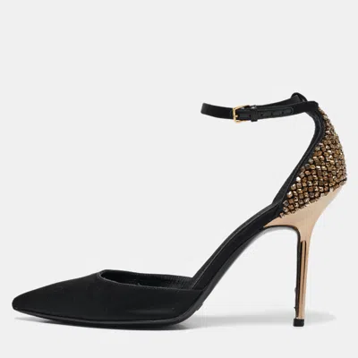 Pre-owned Burberry Black Satin Alanson Embellished Mary Jane Pumps Size 37.5