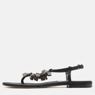 Pre-owned Burberry Black Satin Embellished Thong Flat Sandals Size 39