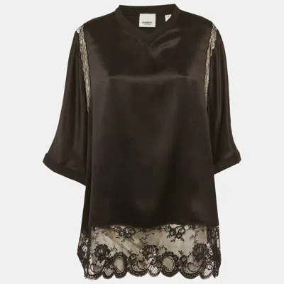 Pre-owned Burberry Black Satin Lace Trim Blouse M