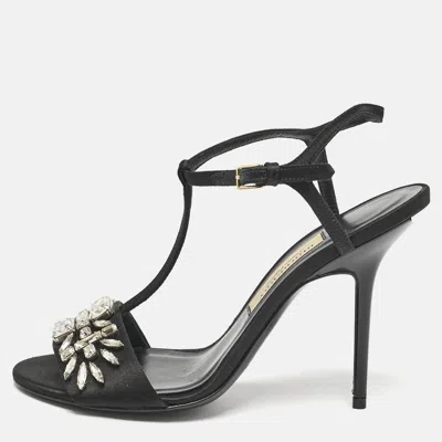 Pre-owned Burberry Black Satin Pertfield Ankle Strap Sandals Size 38.5