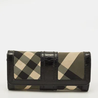 Pre-owned Burberry Black Smoke Check Nylon And Patent Leather Flap Continental Wallet