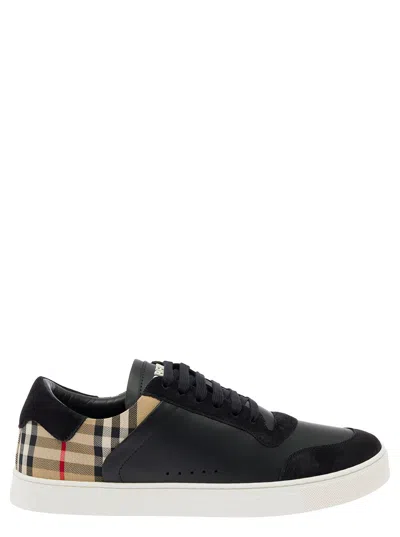 BURBERRY BLACK SNEAKERS WITH SUEDE DETAILS AND CHECK MOTIF IN LEATHER BLEND MAN