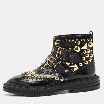 Pre-owned Burberry Black Studded Leather Everdon Ankle Boots Size 39