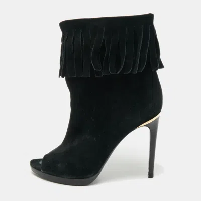 Pre-owned Burberry Black Suede Fringe Ankle Length Boots Size 37.5