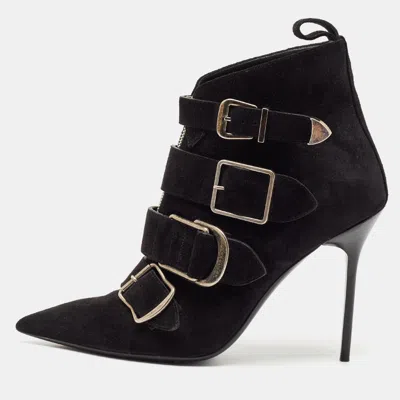 Pre-owned Burberry Black Suede Milner Buckle Detail Pointed Toe Ankle Boots Size 40