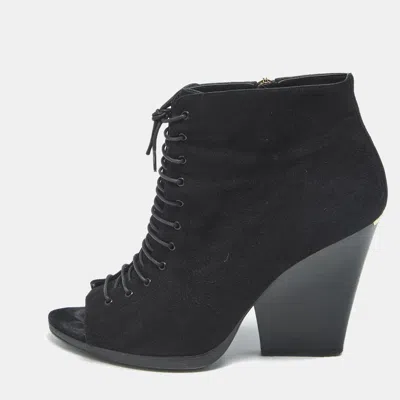 Pre-owned Burberry Black Suede Peep Toe Lace Up Booties Size 39