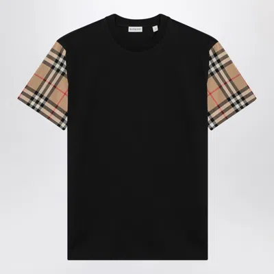 BURBERRY BLACK T-SHIRT WITH CHECK PATTERN SLEEVES