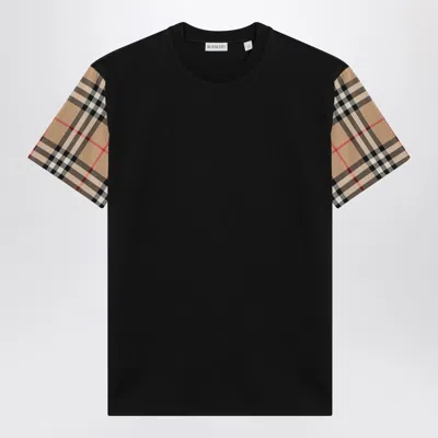 BURBERRY BLACK T-SHIRT WITH CHECK PATTERN SLEEVES