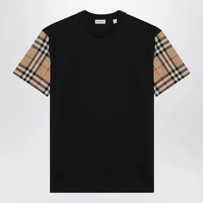 BURBERRY BURBERRY BLACK T SHIRT WITH CHECK PATTERN SLEEVES
