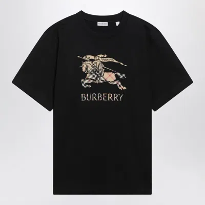 Burberry Men Black Crewneck T-shirt With Ekd And Logo Lettering Embroidery On The Front In Cotton Ma