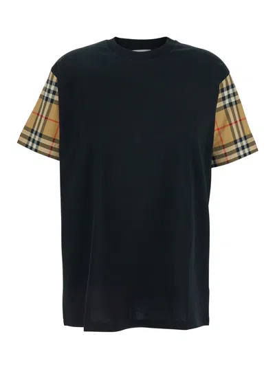 Burberry Black T-shirt With Vintage Check Motif On The Sleeves In Cotton Man In Multicolor
