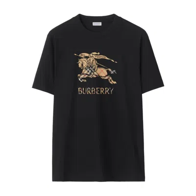 Burberry Men Black Crewneck T-shirt With Ekd And Logo Lettering Embroidery On The Front In Cotton Ma