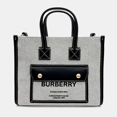 Pre-owned Burberry Black White Canvas And Leather Freya Mini Tote Bag