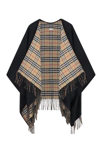 Burberry Black Wool Cape With Check Pattern