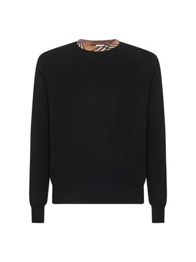 BURBERRY BLACK WOOL CHECK TRIM SWEATER