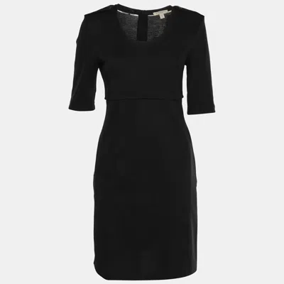 Pre-owned Burberry Black Wool Jersey Nova Checks Trim Mini Dress S