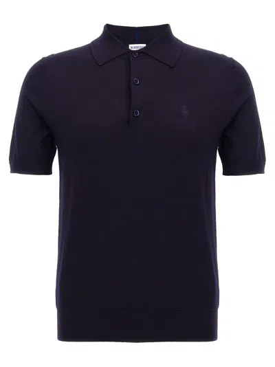 Burberry Black Wool Polo Shirt With Embroidered Accents In Blue