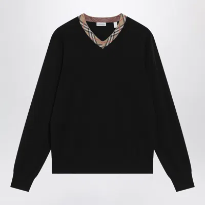 Burberry Black Wool Sweater With Check Motif Neckline