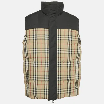 Pre-owned Burberry Black/archive Beige Checks Nylon Reversible Down Vest Xs In Sand