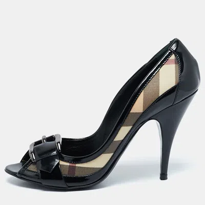 Pre-owned Burberry Black/beige Canvas And Patent Leather Peep Toe Pumps Size 41