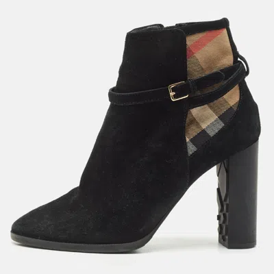 Pre-owned Burberry Black/beige House Check Canvas And Leather Ankle Length Boots Size 38.5