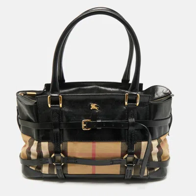 Pre-owned Burberry Black/beige House Check Canvas And Leather Bridle Kent Tote