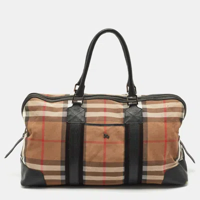 Pre-owned Burberry Black/beige House Check Canvas And Leather Duffel Bag