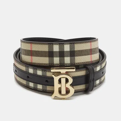 Pre-owned Burberry Black/beige House Check Coated Canvas And Leather Tb Logo Belt M