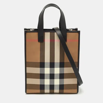 Pre-owned Burberry Black/beige House Check Fabric Small N/s Book Tote