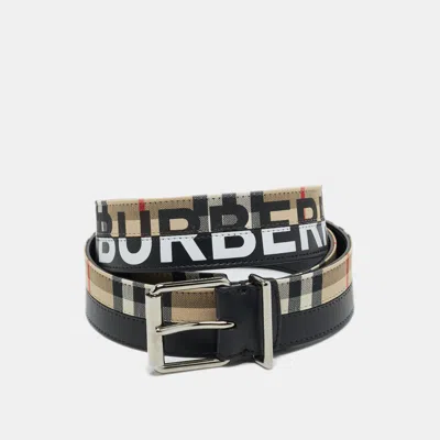 Pre-owned Burberry Black/beige Housecheck Fabric And Leather Logo Buckle Belt 105cm