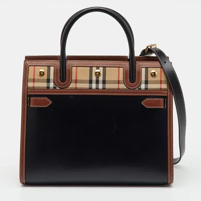 Pre-owned Burberry Black/beige Housecheck Fabric And Leather Title Tote