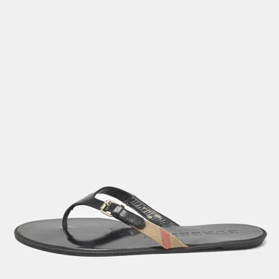 Pre-owned Burberry Black/beige Leather And Canvas Masie Belted Check Thong Flats Size 39