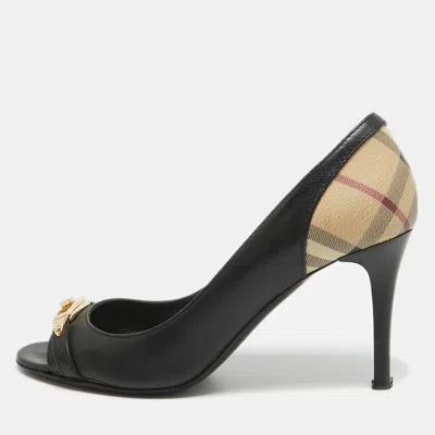 Pre-owned Burberry Black/beige Leather And Check Coated Canvas Embellished Open Toe Pumps Size 38