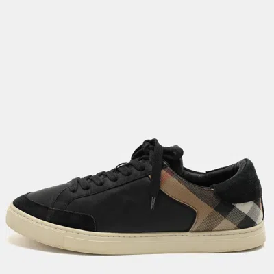 Pre-owned Burberry Black/beige Leather And House Check Canvas Low Top Sneakers Size 43