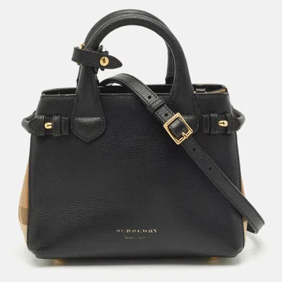 Pre-owned Burberry Black/beige Leather And House Check Fabric Mini Banner Tote