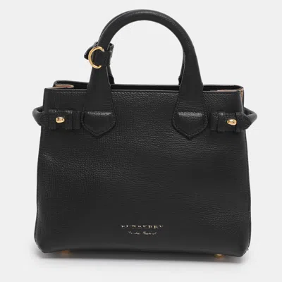 Pre-owned Burberry Black/beige Leather And House Check Fabric Mini Banner Tote