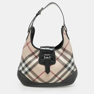 Pre-owned Burberry Black/beige Nova Check Pvc And Patent Leather Brooke Hobo