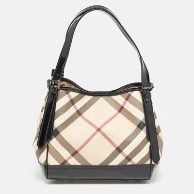Pre-owned Burberry Black/beige Nova Check Pvc And Patent Leather Small Canterbury Tote