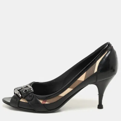 Pre-owned Burberry Black/beige Patent Leather And Nova Check Coated Canvas Buckle Peep Toe Pumps Size 37