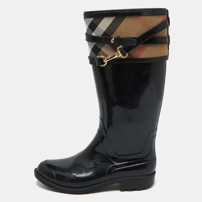 Pre-owned Burberry Black/beige Rubber And House Check Canvas Rain Boots Size 38