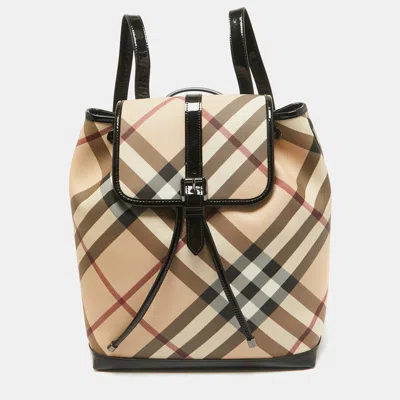 Pre-owned Burberry Black/beige Supernova Check Pvc Medium Drawstring Backpack