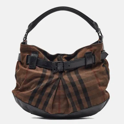 Pre-owned Burberry Black/brown Housecheck Canvas And Leather Buckle Hobo