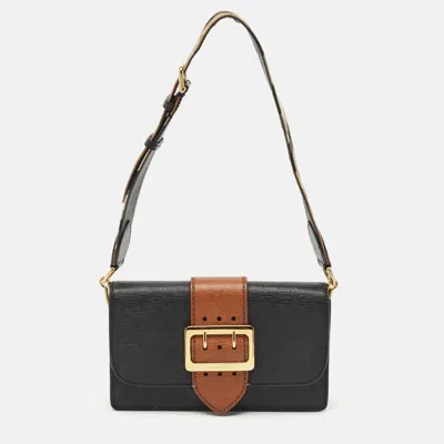 Pre-owned Burberry Black/brown Leather Madison Buckle Flap Crossbody Bag