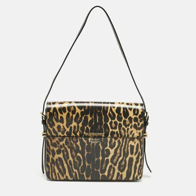 Pre-owned Burberry Black/brown Leopard Print Glossy Leather Large Grace Shoulder Bag