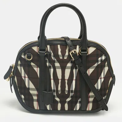 Pre-owned Burberry Black/brown Zebra Print Haymarket Check Nylon And Leather Orchard Bowler Bag