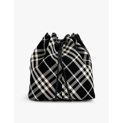 Burberry Womens  Check-pattern Bucket Cotton-twill Crossbody Bag In Black/calico