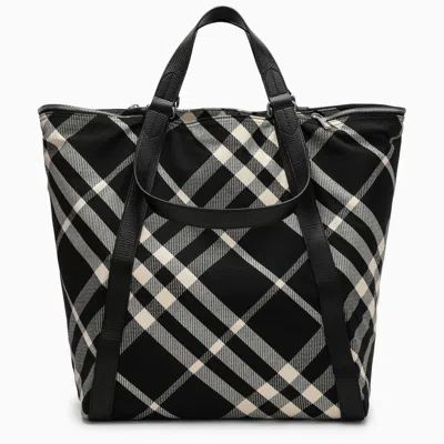 Burberry Black/calico Cotton-blend Tote Bag With Check Pattern